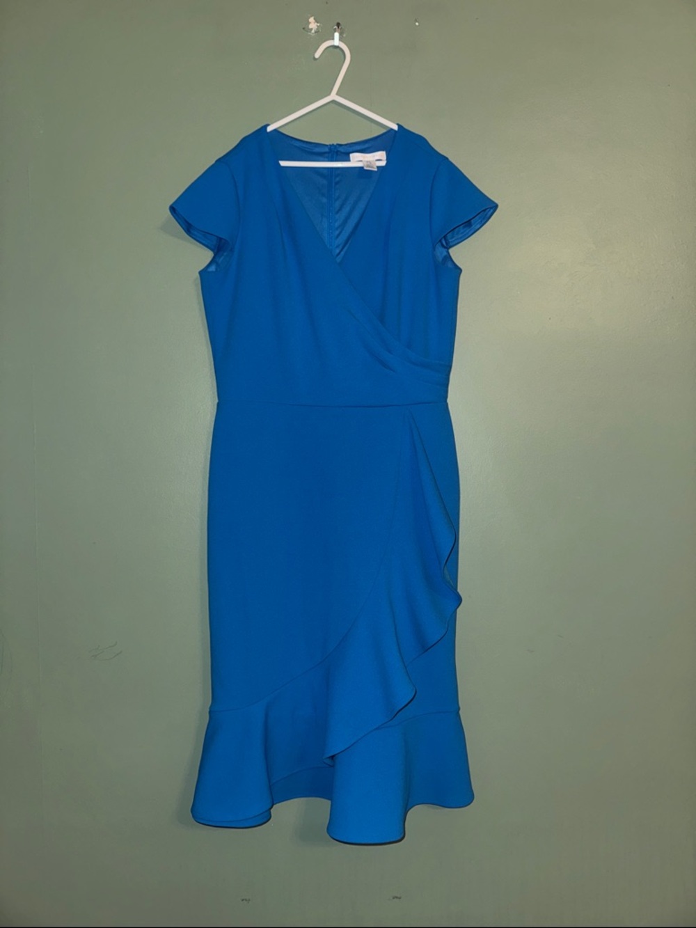 London Times Faux Wrap Dress Cap Sleeves